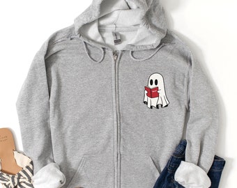 Ghost Reading Zip-Up Hoodie, Haunted by Horror, Spooky Must-Have for Book Lovers, Horror Novel, Bookworm Gift