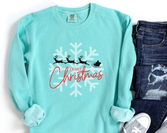 Festive Christmas Sweater, Santa Sleigh Snowflake, Santa Sweater, Snowflake long Sleeve, Merry Christmas, Holiday apparel