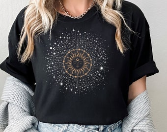 Short Sleeve Sun and Stars Shirt, Celestial Design Tee for a Stylish and Unique Casual Look