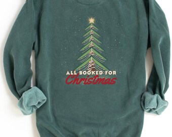 Christmas Tree Book Sweater, Literary Holiday apparel, All Booked for Christmas Cozy Pullover, Festive Literature-Lover Apparel