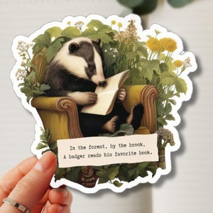 Adesivo con tasso che legge un libro / Adesivo artistico con animale stravagante / Adesivo in vinile con fauna selvatica carina per laptop, diario, e-reader, stile libro di fiabe