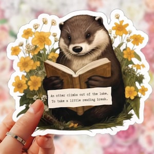 Otter Reading Book Sticker: Whimsical Animal Art, Laptop Decal