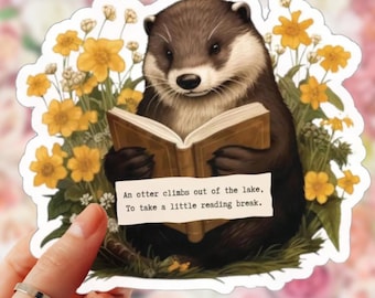 Otter Reading a Book Sticker | Whimsical Animal Art Decal | Cute Wildlife Vinyl Sticker for Laptop, Journal, E-reader, Storybook Style