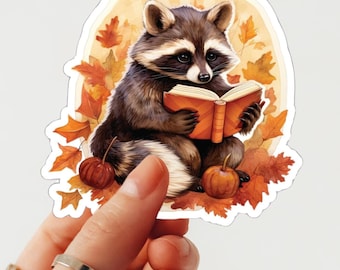 Fall Raccoon Reading Sticker - Cute Woodland Animal Vinyl Sticker - Autumn Reading Sticker for Book Lovers - Autumn Gift