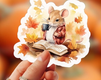 Fall Mouse Reading Sticker - Cute Vinyl Sticker for Book Lovers | Autumn Decor | Foliage Design