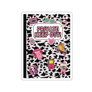 May include: A black and white cow print notebook with the text "PRIVATE KEEP OUT!" in pink and blue letters. The notebook is decorated with various colorful stickers, including a cassette tape, a pair of sunglasses, a heart, a roller skate, a game console, and a gumball machine.