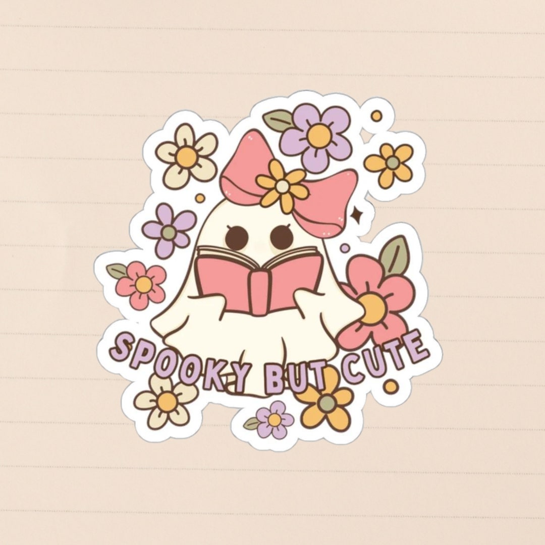 Cute Flowery Ghost Reading Sticker - Adorable Book Lover Spooky Vinyl ...