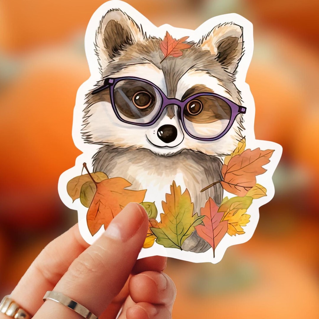 Cute Adorable Racoon Sticker Fall Raccoon Sticker, Cute Raccoon With Glasses and Autumn Leaves ...