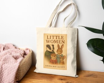 Little Women Book Tote Bag: Cotton Canvas Animal Library Design
