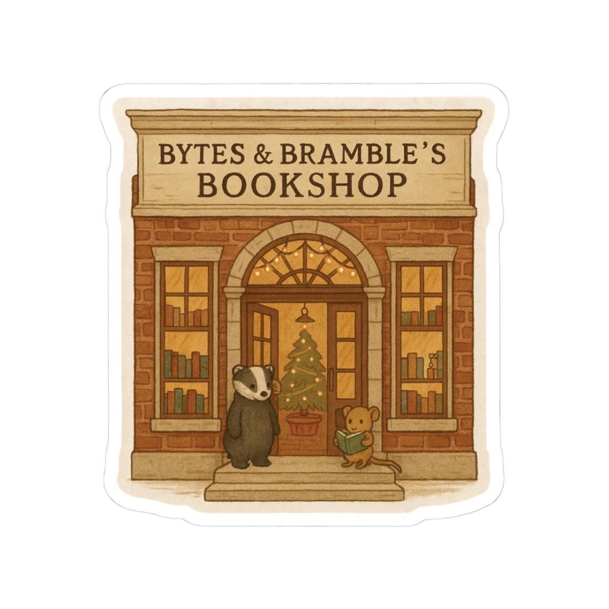 Cozy Christmas Bookshop Sticker  Bytes & Bramble Holiday Vinyl Decal, Bookish Winter Sticker, Cute Animal Bookstore Art