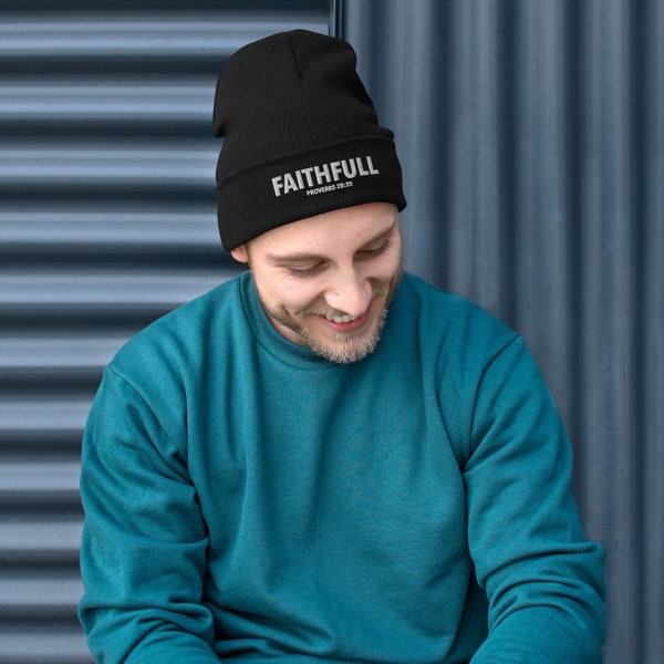 Bestickte Beanie, FAITHFUL, CHRISTIAN, BEANIE, Strickmütze mit 3D-Puffstickerei, glaubensbasiert, warm, enge Passform, Einheitsgröße