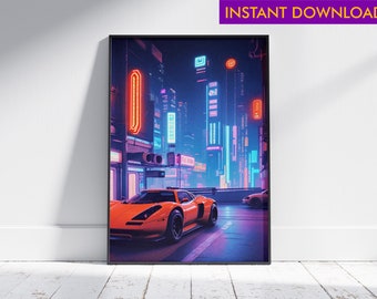 Sumérgete en un oasis de neón: ¡Coche retrofuturista #1 / Impresión digital! / Descarga digital instantánea / Arte de pared