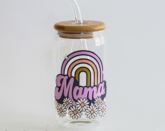 Mama Daisy Rainbow 16oz Can Cup with Lid and Straw | Gifts for Her | Iced Coffee Cup | Mama | Reusable Glass Cup | First Time Mom Gift