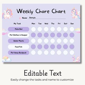 Editable Chore Chart for Kids, Custom Kids Chore List, Printable PDF Chore Chart, Girs Daily Routine Tracker, Unicorn Chart Instant Download