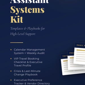 May include: A navy blue digital download graphic with the text "Executive Assistant Systems Kit". The kit includes templates and playbooks for high-level support, such as calendar management, travel booking, and crisis management. The price is $37.