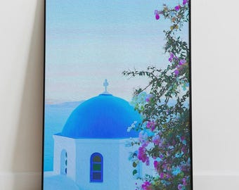 Santorini White Church Oil Painting Style Unframed Poster, Greece Wall Art, Aegean Sea Print,