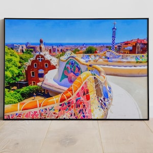 Póster de pintura al óleo del Parque Güell, arte mural de Gaudí en Barcelona, impresión de arquitectura española, decoración de viaje vibrante, póster de papel mate premium