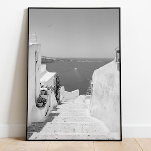 Santorini Coastal View Monochrome Wall Art | Greek Island Black & White Print | Mediterranean Sea | Digital Download | Home and Office Decor