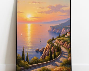Italian Coast Sunset Print – Digital Download, Mediterranean Landscape Oil Painting Style Wall Art, Printable Artwork