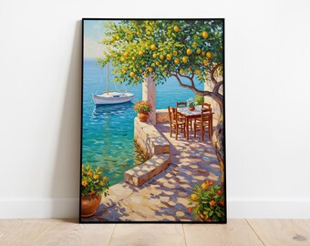 Amalfi Coast Lemon Tree Painting, Framed Italy Wall Art Print, Mediterranean Terrace Print, Coastal Oil Style Poster, Italian Travel Gift