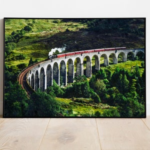Può includere: Un treno rosso viaggia su un viadotto in pietra in un paesaggio verde lussureggiante. Il treno viaggia su un binario curvo e il viadotto ha molti archi.