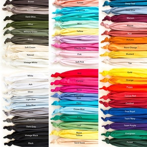 Puede incluir: Una tabla de 60 muestras de tela de diferentes colores, cada una con un nombre impreso debajo. Los colores van de claro a oscuro, e incluyen tonos de rojo, azul, verde, amarillo, naranja, marr&oacute;n y gris.
