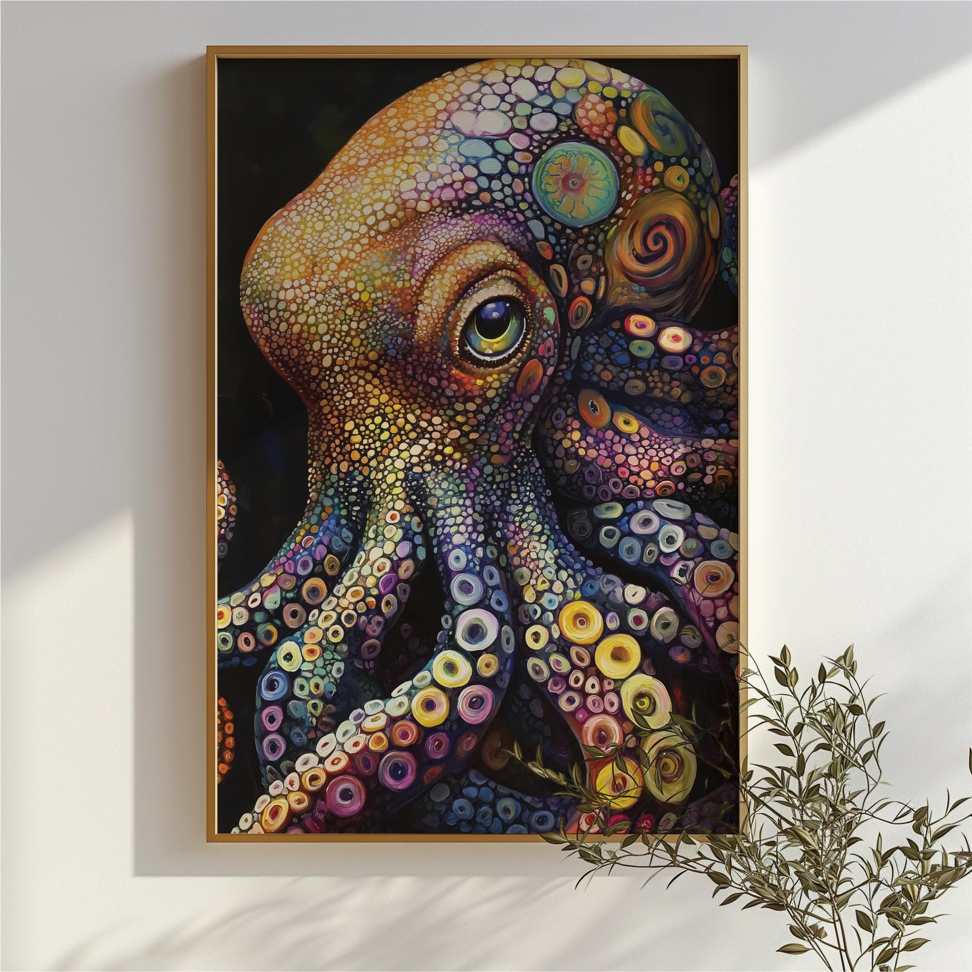 サイケデリックなタコの絵画：ボヘミアン風海岸壁アート（デジタル