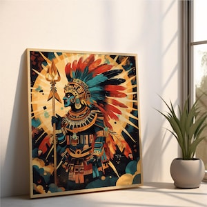 Huitzilopochtli in Battle Stance | Printable Wall Art | Aztec God of War and the Rising Sun | Ancient Mexican Mythology | Mesoamerican Print