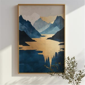 Blue & Gold Mountain Print: Japanese Wood Cut Art (Digital Download)