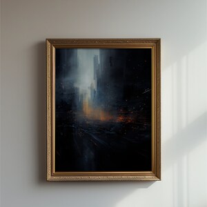 Puede incluir: Una pintura enmarcada que representa una ciudad futurista oscura con edificios altos y luces brillantes en la distancia. La pintura tiene una sensación melancólica y atmosférica.