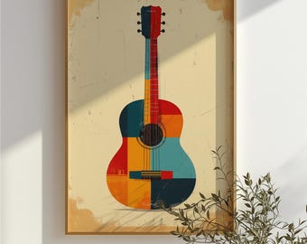 Puede incluir: Una ilustración abstracta colorida de una guitarra con un fondo vintage. La guitarra está compuesta por formas geométricas en tonos de rojo, naranja, amarillo, azul y verde.
