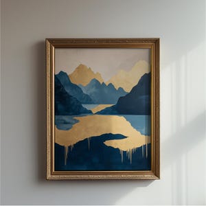 Mountain Morning Art Print: Japanese Woodcut Style, Blue & Gold (Digital Download)