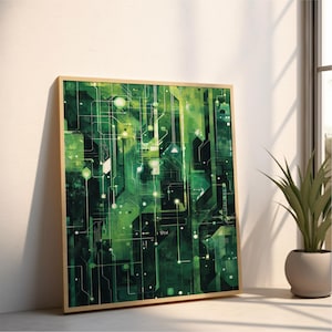 May include: Abstract digital art print with a green and black color scheme. The print features a circuit board design with lines and shapes.