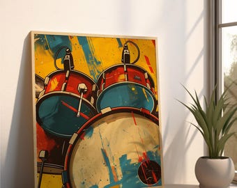 Colorful Drums| Printable Wall Art | Vintage Drum Kit Poster | Musical Instrument Print | Bright Colors | Playful Decor for Music Room