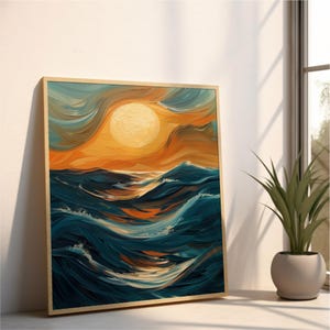 May include: A painting depicting a sunset over the ocean. The sun is a vibrant yellow and orange, with the sky a blend of blue, orange, and yellow. The ocean is a deep blue, with white waves crashing.