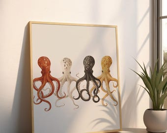 Charming Octopus | Canvas Wall Art | Minimalist Sea Life Illustration | Four Whimsical Octopuses in Earth Tones | Coastal Nursery Decor