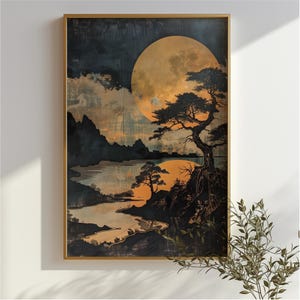 Tree By the River | Printable Wall Art | Vintage Wood Cut Style | Digital Download | Nature Scene Print| Home & Cabin Decor