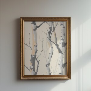Birken Baumlandschaft | Druckbare abstrakte Kunst Wald | Minimalistische Naturszene | Moderne Landschaft Aquarell Gemälde | Neutrale Töne