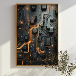 Może przedstawiać: Abstrakcyjny cyfrowy wydruk artystyczny przedstawiający czarny i pomarańczowy projekt płytki obwodu. Wydruk ma nowoczesny i futurystyczny charakter.