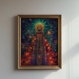 Könnte beinhalten: Ein gerahmter Druck einer farbenfrohen, psychedelischen Illustration einer Pyramide mit einer Gottheit an der Spitze. Die Pyramide ist von einem sternenklaren Nachthimmel umgeben.