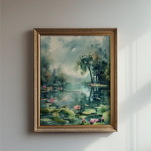 Lily Pond Abstract Watercolor Painting: Minimalist Landscape (Digital Download)