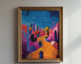 Stampa di un paesaggio desertico vibrante: sentiero di cactus colorati, arredamento boho (download digitale)