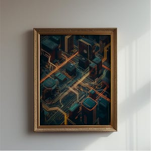 Konsttryck av teknisk stadsbild: Abstrakt kretsschema (digital nedladdning)