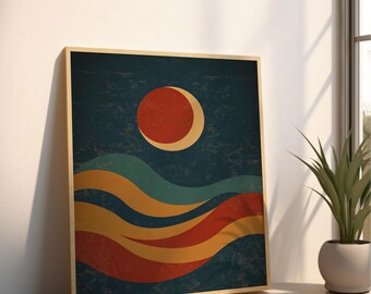 Retro Desert Moon Print: Boho Sunset Waves (Digital Download)