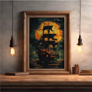 Barco fantasma / Arte mural imprimible / Decoración de Halloween espeluznante / Póster náutico impresionista / Barco de madera / Decoración de Halloween para el hogar