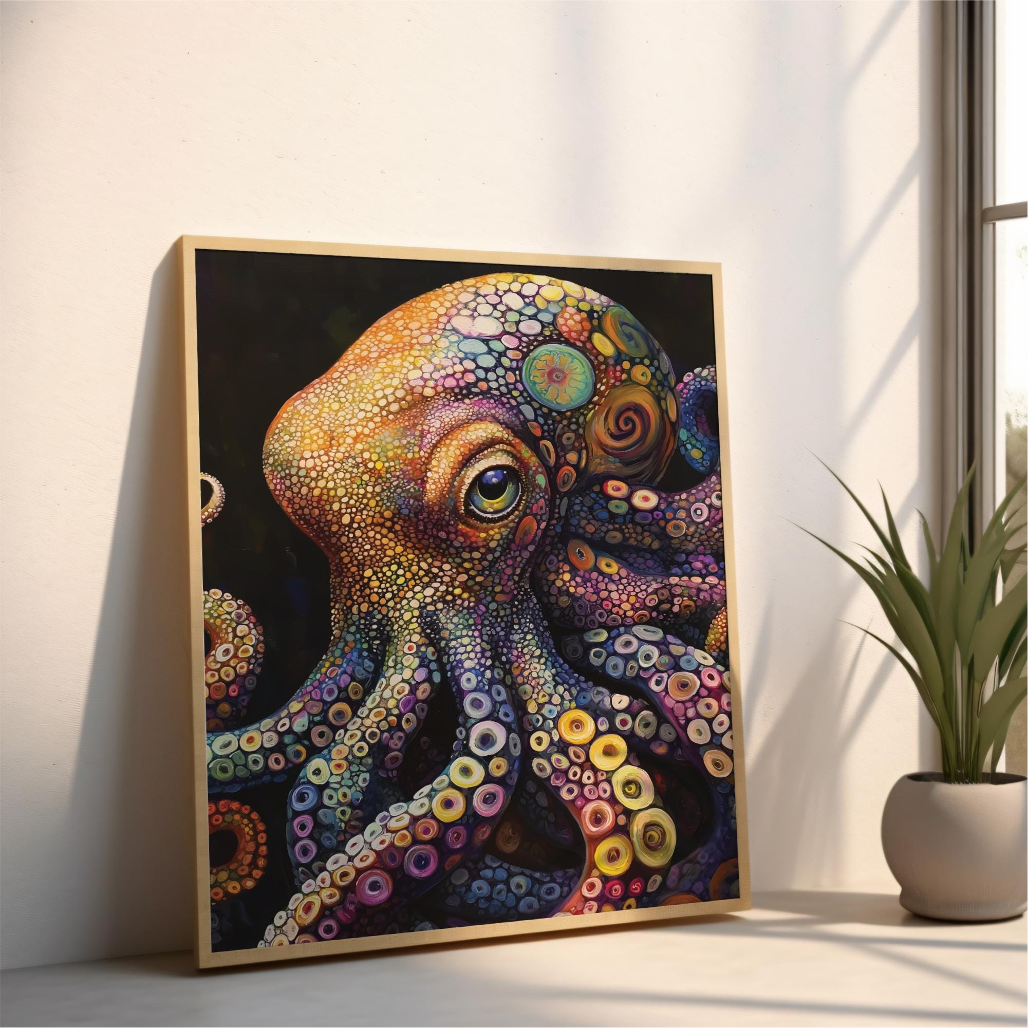 サイケデリックなタコの絵画：ボヘミアン風海岸壁アート（デジタル