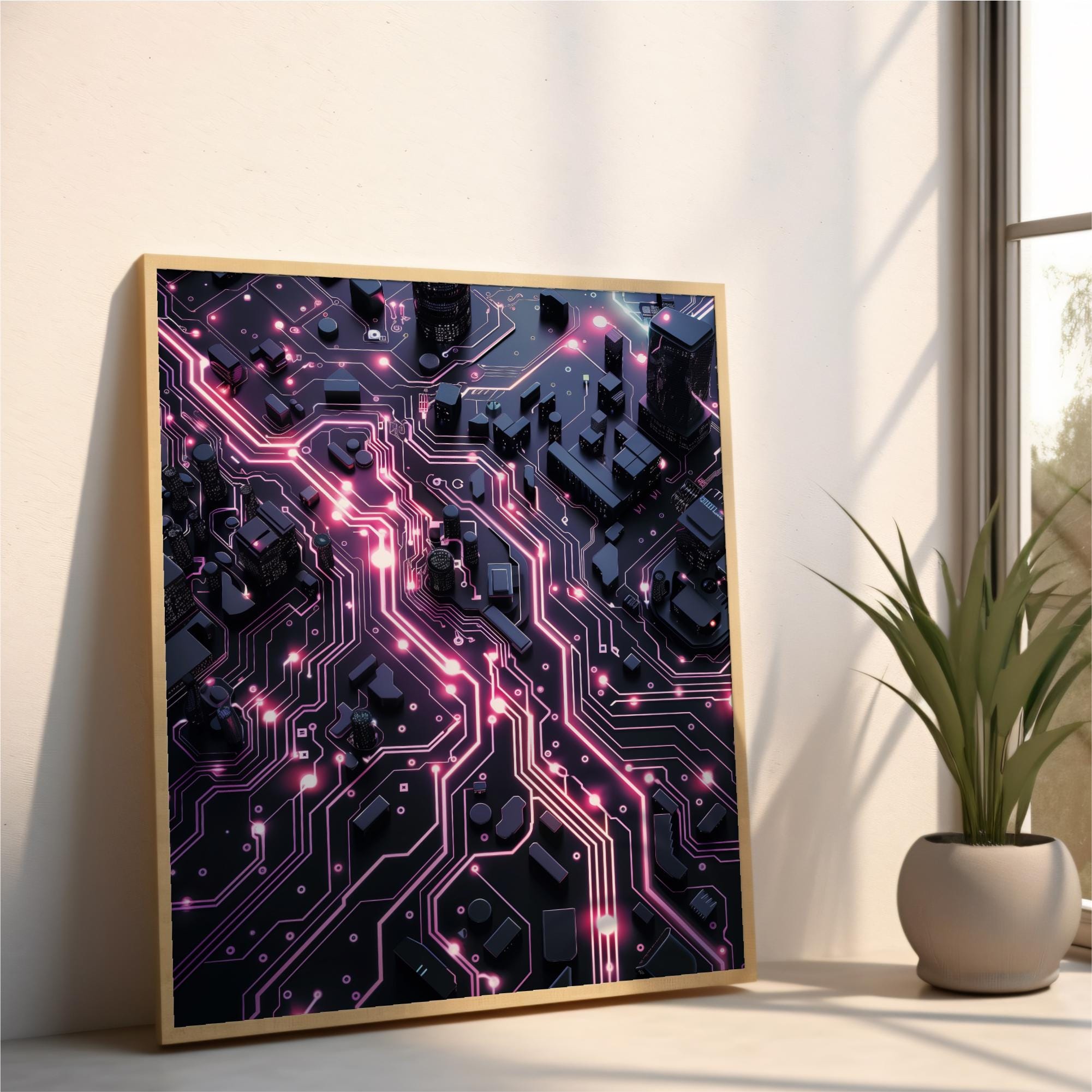 Circuits in Black & Pink | Printable Wall Art | Circuit Diagram | High Tech Poster | Abstract Geometric Art | Technology Office Decor