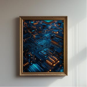 Peut inclure: Une impression encadrée d'un gros plan d'une carte de circuit imprimé avec des lumières bleues et orange brillantes.