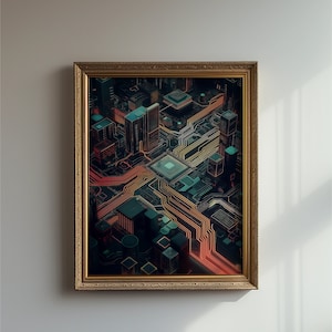 May include: A framed wall art print featuring an isometric digital illustration of a futuristic city where buildings are integrated with glowing orange and teal circuit board pathways and a central processor unit on a dark background.