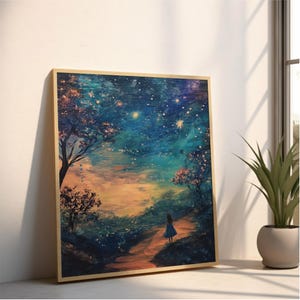 A Moonlit Stroll | Printable Wall Art | Dreamy Night Sky | Whimsical Starry Landscape | Celestial Fantasy Decor | Enchanted Twilight Scene